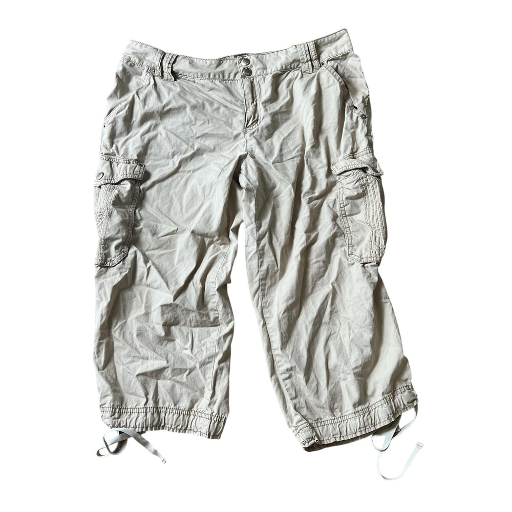 Y2K DKNY JEANS Pants Womens 12 Beige Cargo Elastic Waist Pockets Capri